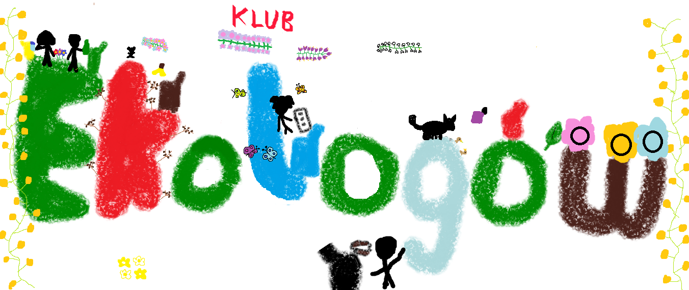Logo Klubu Ekologów. Widać jak wszyscy ekolodzy wyrzucają śmieci
